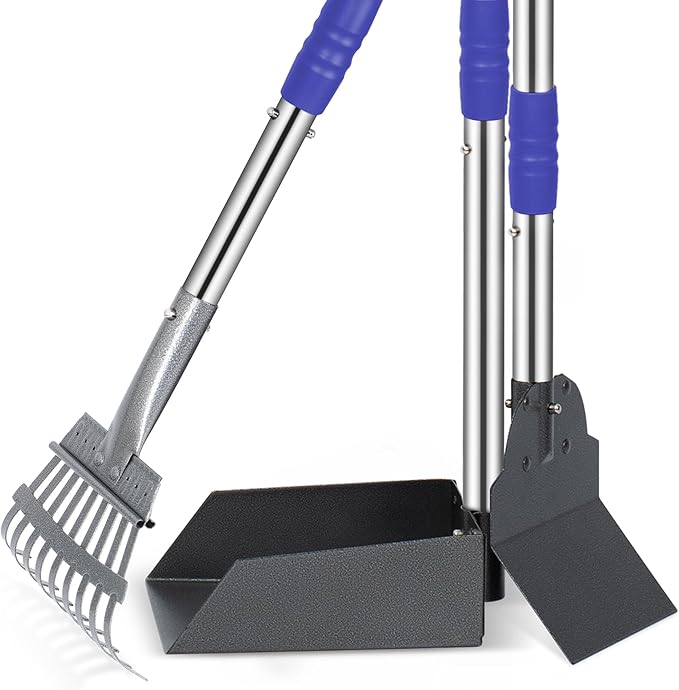 Heeyoo Dog Pooper Scooper, Dog Poop Tray and Rake Set, Pet Waste Removal Scoop with Long Adjustable Sectional Stainless Handles