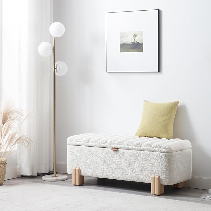 Wavy Ottoman Storage Bench Multi-Functional Narrow Entryway Bench Elegant End of Bed Bench with Storage and Safty Hinge for Living Room Entryway Hallway Bedroom Boutique, White