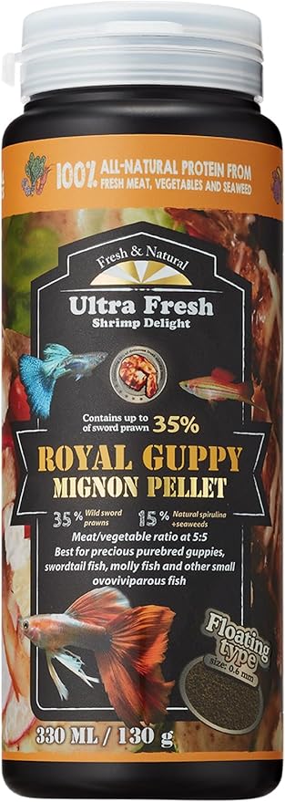 Ultra Fresh Royal Guppy Mignon Pellet, All Natural Guppy Food, Sword Prawns, Spirulina, Seaweeds, Highly Nutritious, for Cleaner Water and More Vibrant Color 4.6 oz