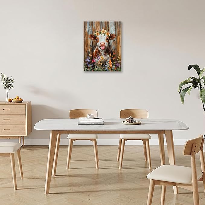 Funny Cow Bathroom Pictures Wall Art, Rustic Brown Cute Cow Bathroom Wall Decor, Farmhouse Floral Framed Painting Animal Flower Canvas Artwork for Bedroom Living Room Decorations 16"L x 12"W