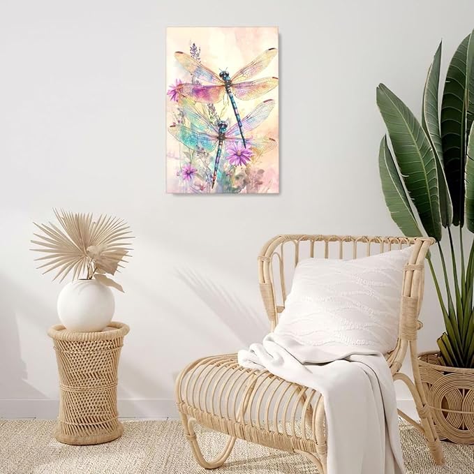 Dragonfly Bathroom Pictures Wall Art, Floral Bathroom Wall Decor, Framed Painting Canvas Artwork for Bedroom Living Room Decorations 24"L x 16"W