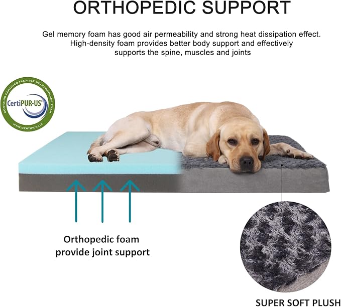 Orthopedic Memory Foam Bed for Large Dogs, Waterproof Cooling Pet Mats for Crate with Removable Washable Cover,Ideal for Arthritic Dogs (Large plus-36"x 27" x 3", Rose Plush)