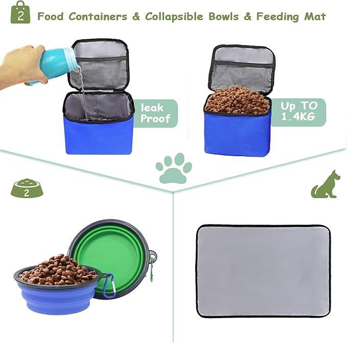 WOLT Dog Travel Bag Dog Bag for Traveling and Supplies with 2 Collapsible Bowls, 2 Food Containers, 1 Place Mat, Blue
