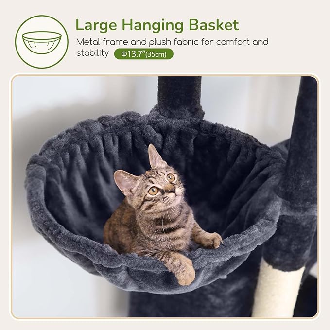 Globlazer Large Cat Tree Tower, Tall Cat Tree Condos for Indoor Cats Large Adult Cat Climbing Tower with 2 Spacious Caves, Oversized Top Perch, Big Hanging Basket, Cat Teaser Wand, F74B, Dark Grey
