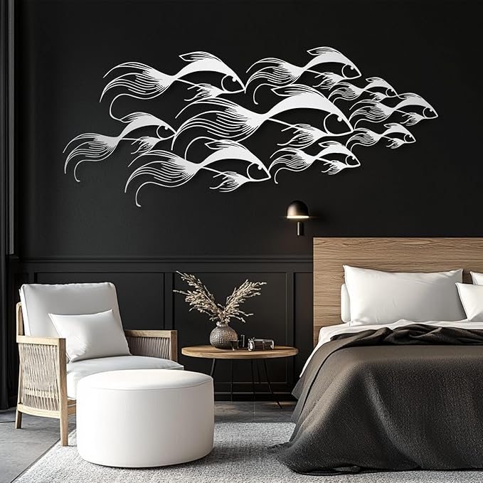 School of Fish Metal Wall Art, Metal Fish Wall Decor, Sea Life Wall Art, Large Nautical Wall Hanging, Modern Beach House Wall Decor, Ocean Themed Artwork for Bathroom (Black, 35"x15" | 90x38cm)