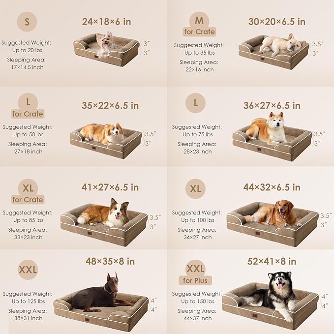 EHEYCIGA Orthopedic Dog Beds for Extra Large Dogs, Waterproof Memory Foam XXL Dog Bed with Sides, Non-Slip Bottom and Egg-Crate Foam Big Pet Couch Bed with Washable Removable Cover, Camel
