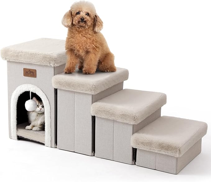Dog Stairs for Small Dogs with Storage and Condo, 17.5" H Foldable Pet Stairs for Small Medium or Puppy Dogs and Older Cats, Dog Steps for Bed or Couch, 13x35x17.5 inch, 4 Tiers, Beige