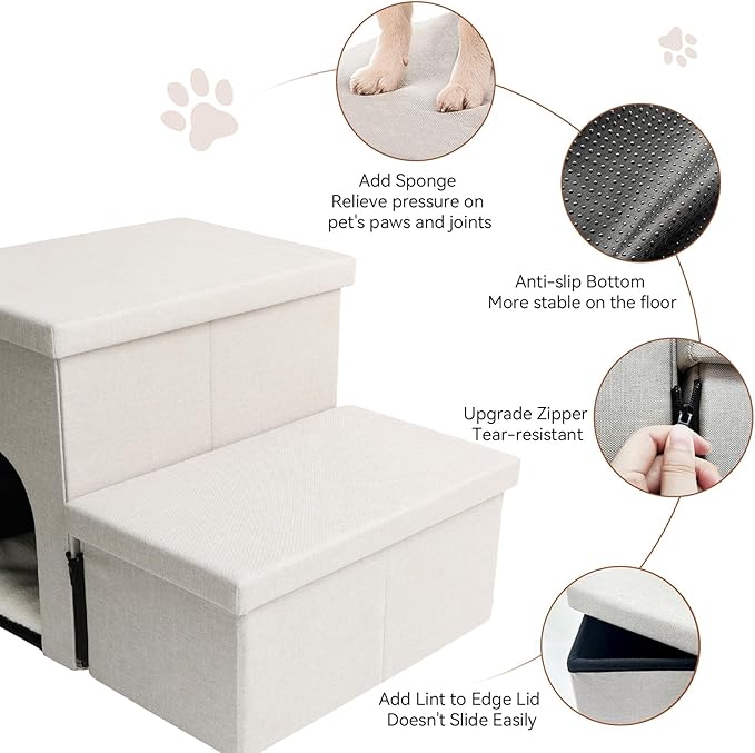 Dog Stairs with Condo 15" H, 2-Step Wider Dog Steps for Small/Medium/Large Old Dogs Cats, Folding Sturdy Storage Pet Stairs Climbing Bed Couch, Ramp for Car Hold Up to 150 lbs, Beige