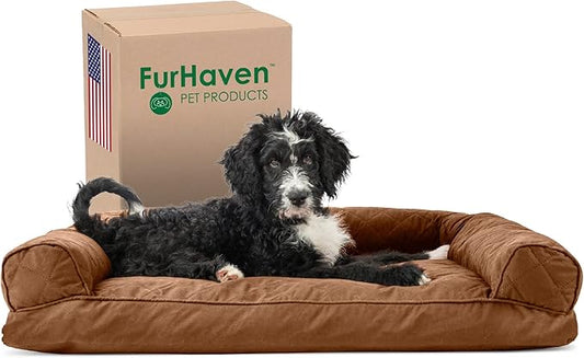 Furhaven Pillow Dog Bed for Large/Medium Dogs w/ Removable Bolsters & Washable Cover - Quilted Sofa - Toasted Brown, Large
