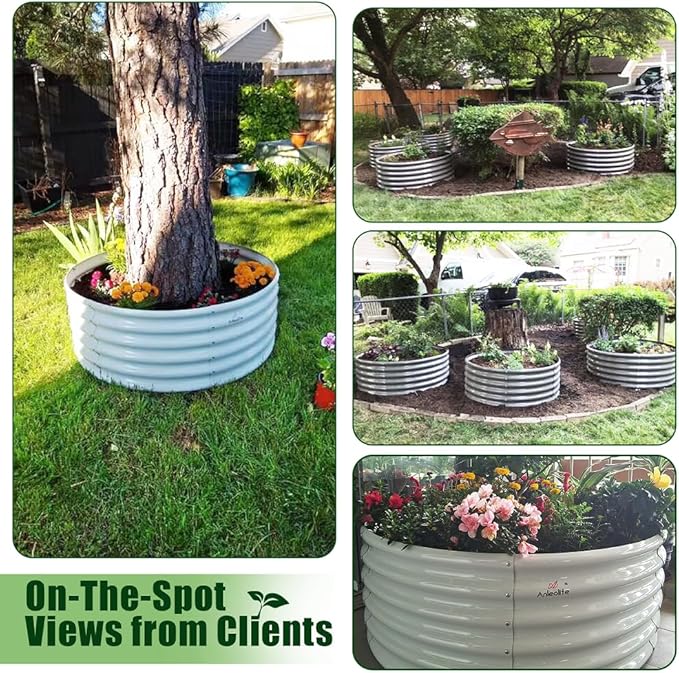 A ANLEOLIFE 2-Pack 4ft x 18” Tall Galvanized Raised Garden Beds Outdoor, Round Metal Planter Box for Planting Vegetables Flowers Herb, Anti-Rust & Easy-Setup, Antique White