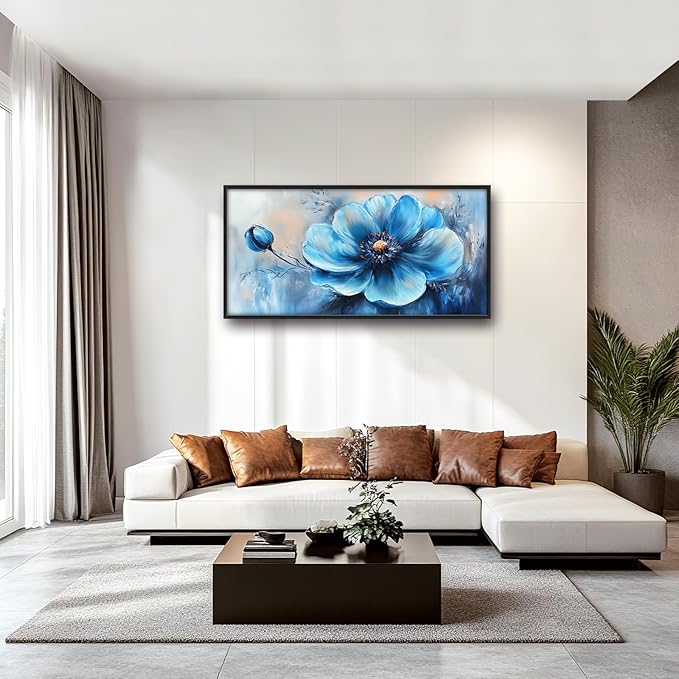 Extra Large Abstract Blue Flower Framed Wall Art for Living Room,Oversized Elegant Floral Pictures Wall Decor,Canvas Print Painting Modern Artwork Bedroom Office Bathroom 60L" x 30W"