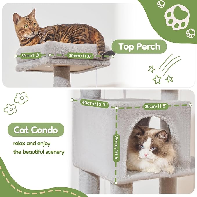 Taoqimiao MS042W Cat Tree,66-inch Large Cat Tower with Scratching Posts, Luxurious Large Platform for Big Cats with Soft Hammock, Adjustable Basket, Deluxe Cat Cando, Top Perch Light Gray