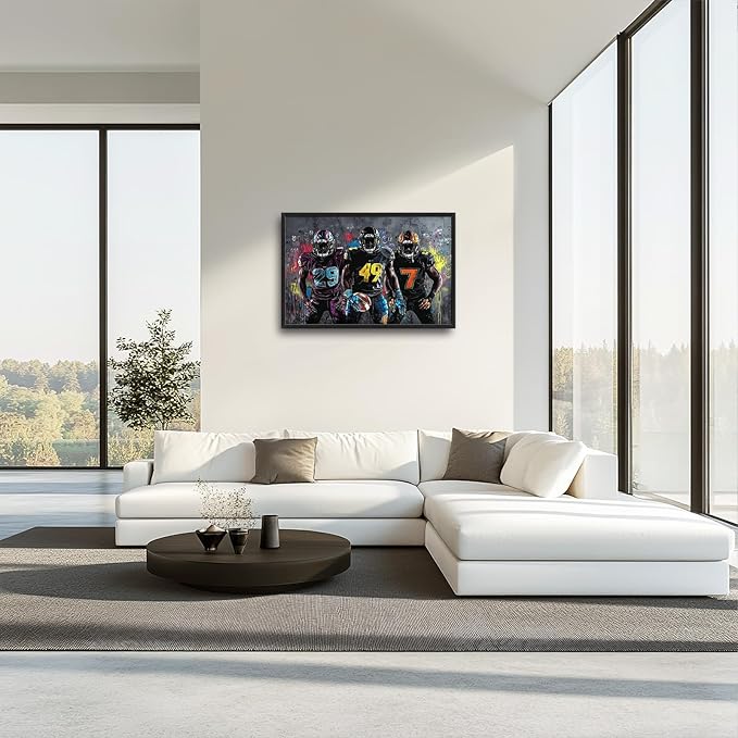 Large Rugby Player Wall Art for Living Room, Framed Oversized Graffiti Sport Wall Decor Cool Canvas Painting Pictures for Men Modern Artwork for Living Room Bathroom Bedroom Office Dining Room 36"x24"