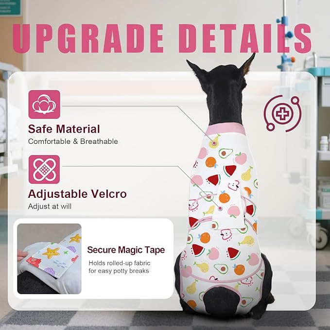 Recovery Suit for Dogs After Surgery, Professional Dog Surgical Suit for Female Spay, Male Neuter, E-Collar & Cone Alternative Dog Onesie for Abdominal Wounds Skin Disease, Fruit, XS
