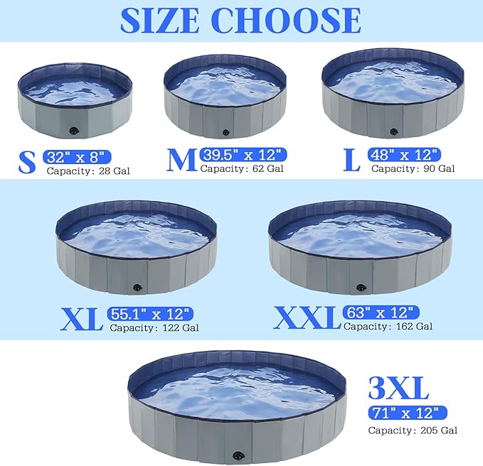 Foldable Dog Bath Swimming Pool Plastic Kiddie Pool Professional Tub Collapsible Grooming Bathtub for Pets Kids Baby and Toddler, 32 x 8 Inches Gray