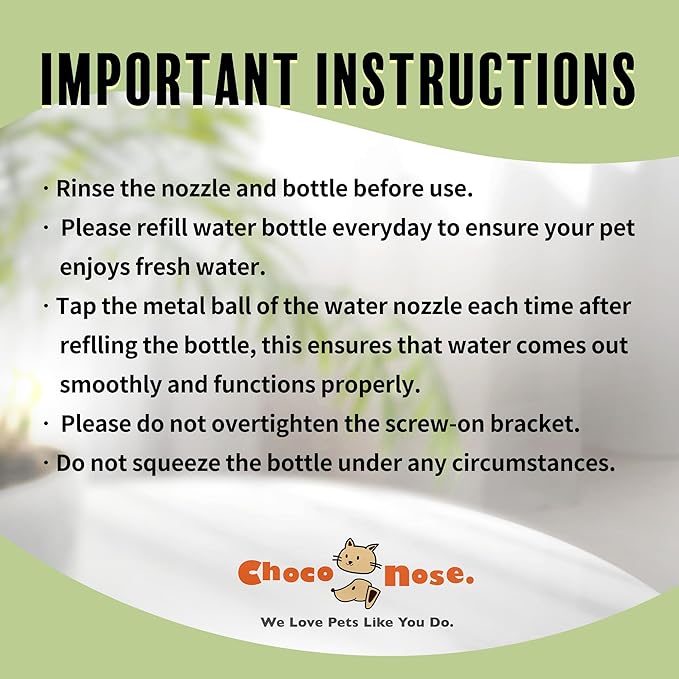 Choco Nose Patented No-Drip Water Bottle/Feeder for Guinea Pigs/Hamsters/Bunnies/Ferrets/Other Small Pets, Critters and Animals - for Cages, Crates or Wall Mount. 10.2oz. Nozzle 10mm, Blue (C128)