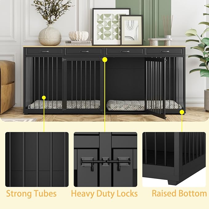 Extra Large Dog Crate with Double Rooms, 93" Heavy Duty Wooden Dog Cage Furniture Dog Crate Kennel w/Drawers & Removable Divider,Indoor Luxury Dog House for Large Dogs,Black