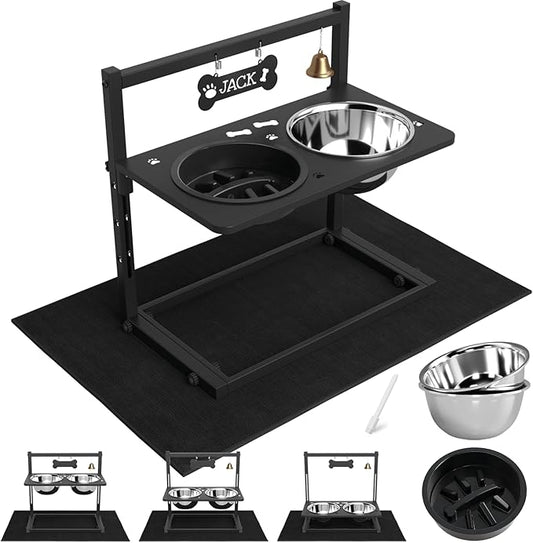 Elevated Dog Bowls with Slow Feeder and Spill Proof Mat, Adjustable Height 4.3-11.8'', Two 1.7L Stainless Steel Food & Water Bowls, Metal Raised Dog Bowl Stand, for Large Medium Breeds