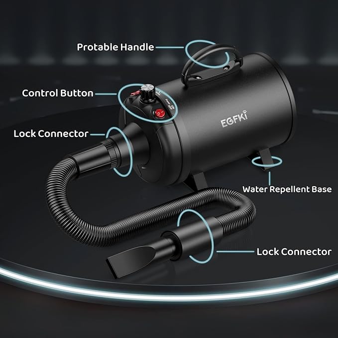 Dog-Hair-Dryer, 5.2HP/ 3800W High Velocity Pet Blow Dryer with Heater for Grooming, Speed Temperature Adjustable Dog Blower Grooming Dryer with 4 Nozzles