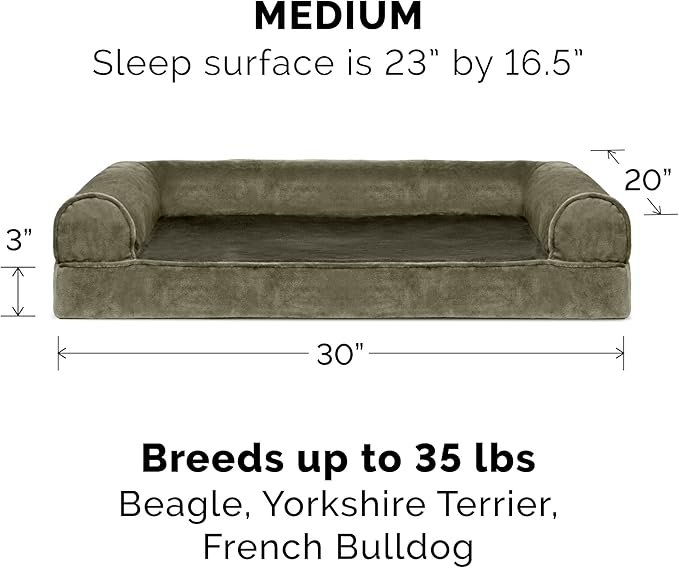 Furhaven Cooling Gel Dog Bed for Medium/Small Dogs w/ Removable Bolsters & Washable Cover, For Dogs Up to 35 lbs - Faux Fur & Velvet Sofa - Dark Sage, Medium