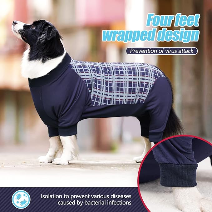 Dog Recovery Suit, Abdominal Wound After Surgery Wear, Anti Licking Bodysuit with Zipper, E-Collar & Cone Alternatives, Plaid Dog Spay Surgical Shirt Prevent Shedding(Large, Blue)