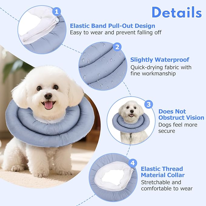 Dog Recovery Collar, Breathable Adjustable Soft Dog Cone, Waterproofing Cat Neck Cone, Pet Donut Collar After Surgery (Blue Gray, M)