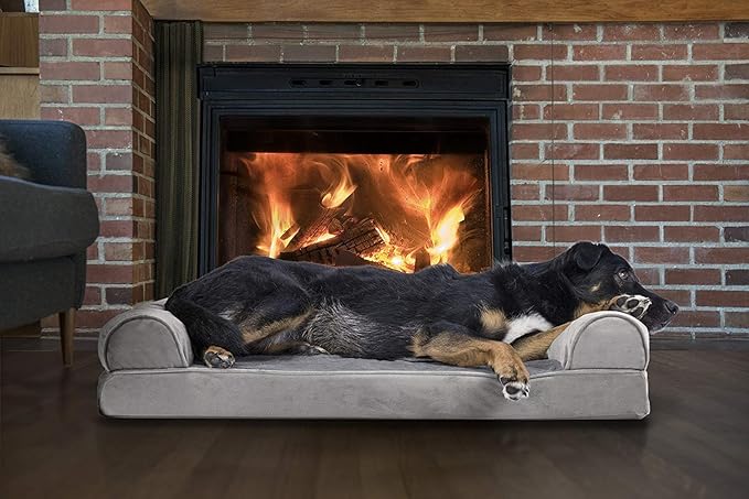 Furhaven Orthopedic Dog Bed for Large/Medium Dogs w/ Removable Bolsters & Washable Cover, For Dogs Up to 55 lbs - Faux Fur & Velvet Sofa - Smoke Gray, Large