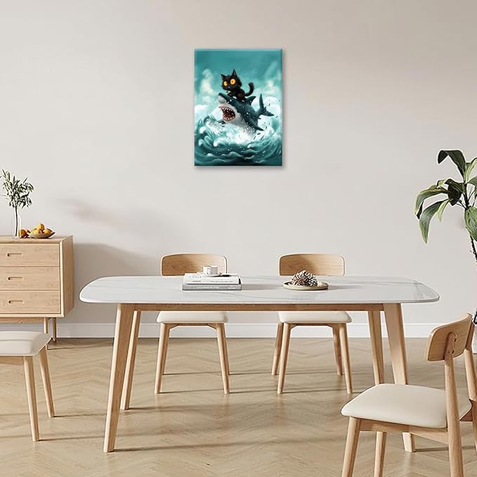 Funny Black Cat Bathroom Wall Art Cute Cat Riding Shark Canvas Wall Decor Animal Kitten Pictures Painting Print Artwork Framed Decorations Gifts for Cat Lover Kids Room Bedroom 16"x20"