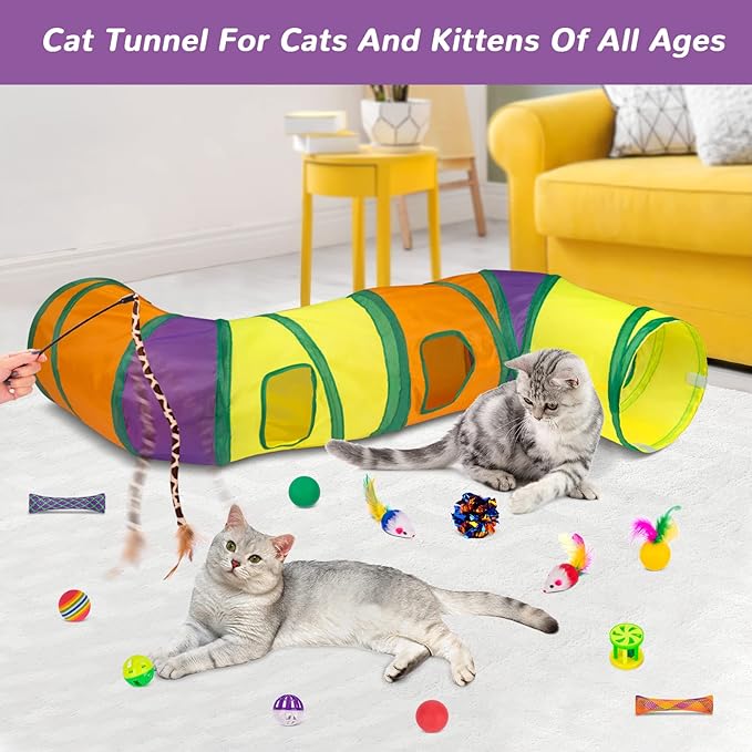 Retro Shaw Cat Toys Kitten Toys, Interactive Cat Tunnels Toy for Indoor Cats Kitty, Kitten Tube Tent Feather Wand Teaser Bell Fuzzy Ball Springs Mouse (33 Pcs Large Cat Tunnel Toys Set)