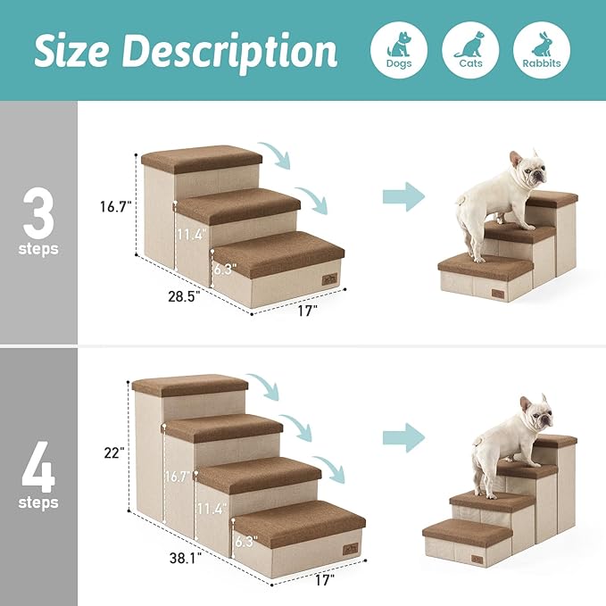 Dog Stairs with Storage, 4-Step Wider Sturdy Dog Steps for Small/Medium/Large Dogs and Older Cats, Folding Doggie Ramp for Bed/Couch/Car Hold Up to 180 lbs (22" H, Brown)