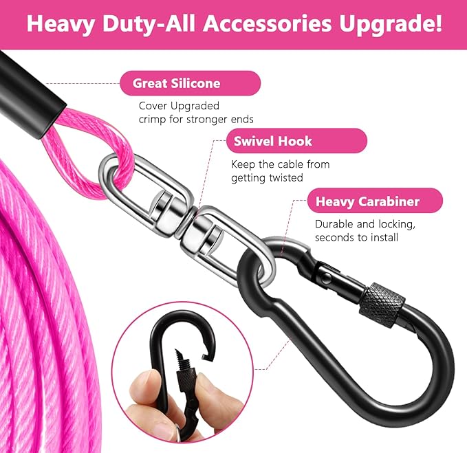 Dog Tie Out Cable 10FT-500Lbs,Heavy Duty Dog Leads&Tether for Yard with Swivel Hook,Small Large Dogs Leash Line for Outside,Rust Chew Proof Dogs Run Cable for Outdoor Camping(Pink, 10FT)