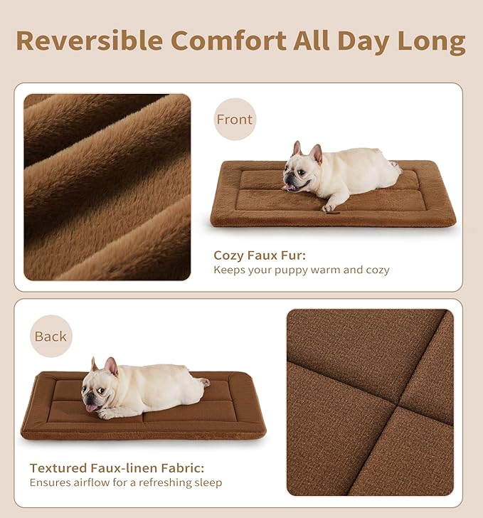 Made4Pets Dog Crate Pad Bed for Extra Large Dogs, Washable & Reversible, Anti-Slip Kennel Mat for Cozy Sleeping, Soft Fluffy Dog Bed for Indoor & Outdoor Use, 48"x30", Brown