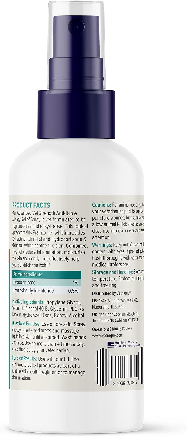 Vetnique Dermabliss Anti Itch Spray for Dogs & Cats with Hydrocortisone for Allergies and Immediate Dog Itching Skin Relief - Fragrance Free with Soothing Oat Extract (4oz)