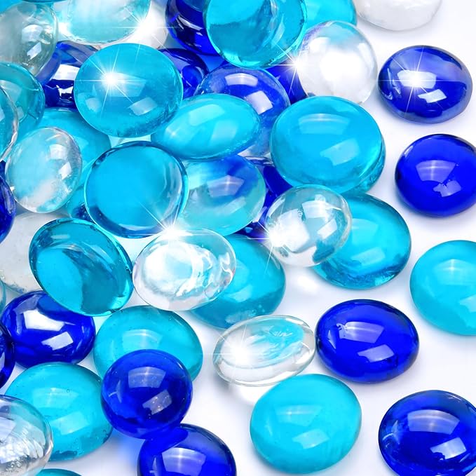 1LB Blue Mix Flat Glass Marbles for Vases, Mancala Stones Gemstone Beads Vase Filler Decorative Glass Pebbles for Fish Tank, DIY Crafts, Aquarium Decor Rocks
