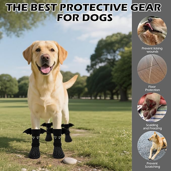 EXPAWLORER Halloween Anti Slip Dog Socks to Prevent Licking Paws, Boots & Paw Protectors with Grippers,Doggie Booties for Hardwood Floors for Small Medium Large Senior Dogs Costume Black Devil Wings S