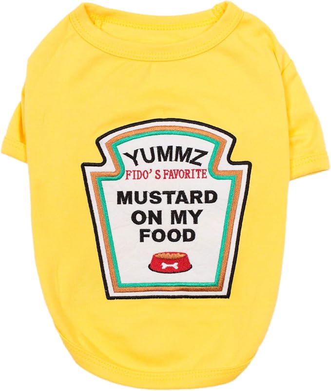 Parisian Pet Dog Shirt - Embroidered “Mustard on My Food“ - 100% Cotton and Polyester Dog Clothes - Sleeved, Lightweight Costume for Dogs - Yellow Dog Shirts for Medium-Sized Dogs - Pet Costumes - M