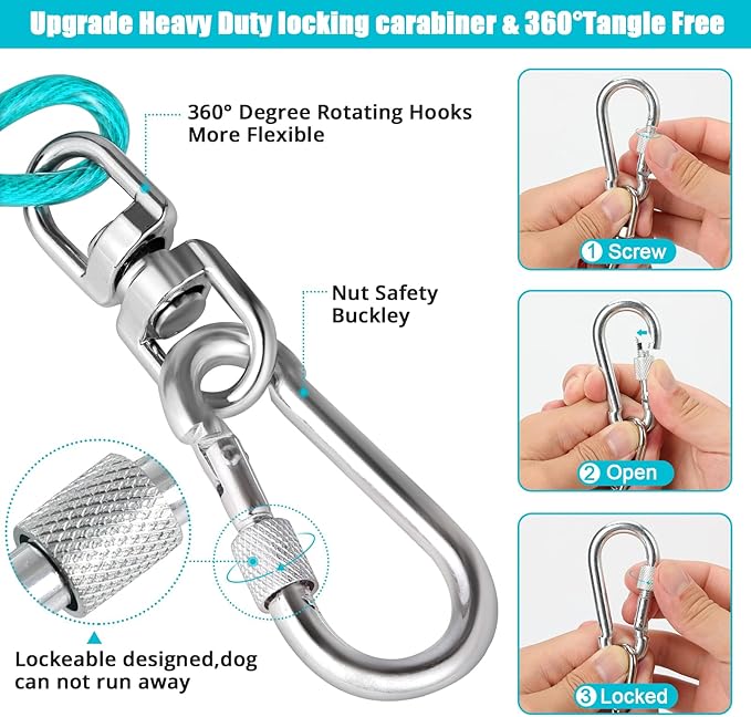 jenico Dog Tie Out Cable, 10/15/20/30/40/50/70/100/150FT Runner Cable with Swivel Hook and Shock Spring, Dog Leash Run Tether for Yard Outdoor and Camping,for Small to Medium Pets Up to 500 LBS