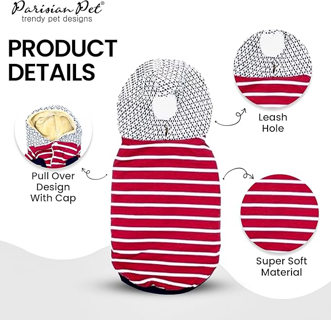 Parisian Pet Basic Hoodie - Lightweight Red Striped Pom Pom Sweatshirt for Dogs - Pullover With Leash Hole and Pockets - Clothes for Large Dogs - XL