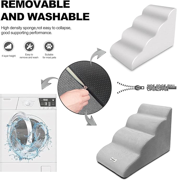 Dog Stairs, Removable and Washable Pet Stairs, 4-Steps Non-Slip Pet Ramp, Dogs Steps for High Bed Sofa, High Resilience Sponge Dog Stairs(White)