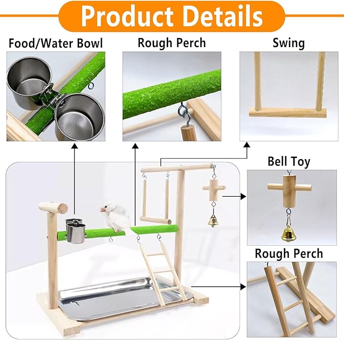Birds Playground Parrot Playstand Birds Perch Stand Gym Natural Wood Play Stand with Ladder Swing Feeder Cups for Parakeets Cockatiels Lovebirds Conures Budgies