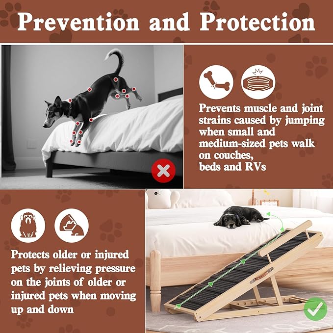 Dog Ramp for Bed, Couch, Car, Folding Pet Ramps 44.48" Long Adjustable 15"-22" Wooden Stairs with High Traction Mat & Safety Side Rails for Small & Medium Old Dogs & Cats, up to 200 lbs