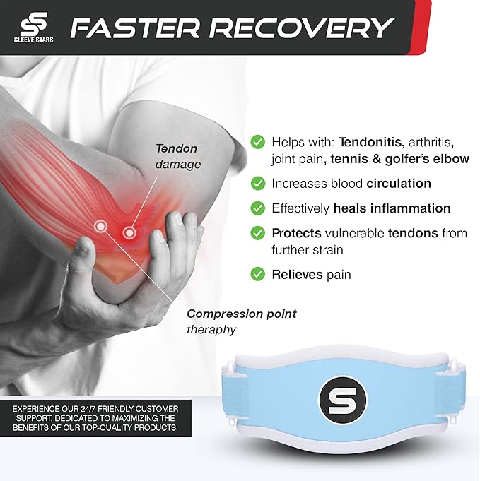 Sleeve Stars Tennis Elbow Brace for Women - Adjustable Tennis Elbow Strap, Golfers Elbow Brace for Men, Counterforce Brace for Tendonitis Relief, Fits 9"-23" (Single/Light Blue)