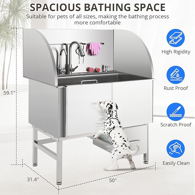 Professional Dog Grooming Tub, 50" Stainless Steel Dog Wash Station with Foldable Ramp, Storage Drawer, Floor Grate & Faucet/Dog Bathtub for Large, Medium & Small Pets - Right Door (50")