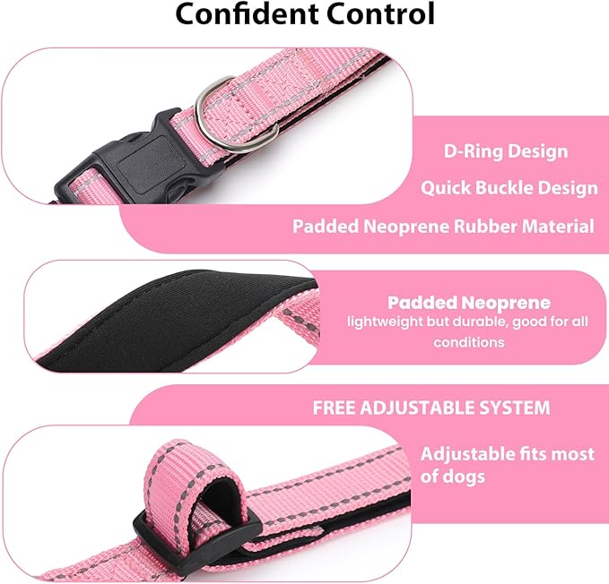 Reflective Dog Collar Padded with Soft Neoprene Breathable Quick Release Basic Dog Collars for Large Dogs Pink Girl