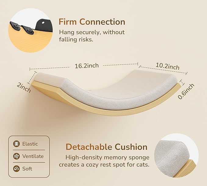 Wood Cat Wall Shelf with Soft Foam Cushion, Curved Cats Wall Bed for Large Cats, Floating Cat Perch for Sleeping & Climbing