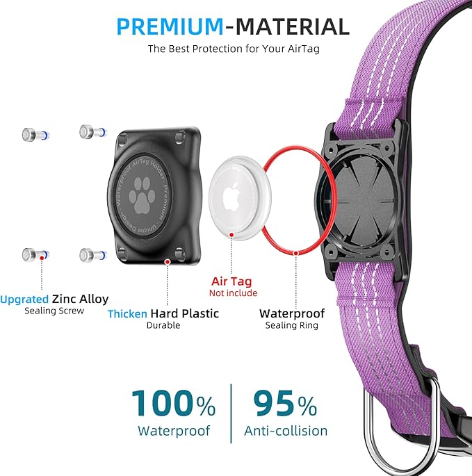 Upgraded AirTag Dog Collar, IP68 Waterproof Air Tag Dog Collar Holder, Reflective, Ultra-Durable, Comfortable Padded, Heavy Duty Dog Collars for Small Medium Large Dogs (S (10.6"-13.6"), Purple)