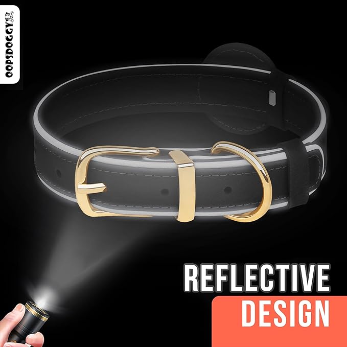 OOPSDOGGY Reflective Geniune Leather Airtag Dog Collar Soft Padded Collars for Small Medium Large Breed Dogs Puppy, 4 Sizes, 7 Colors (Camel, Small, 9"-12")