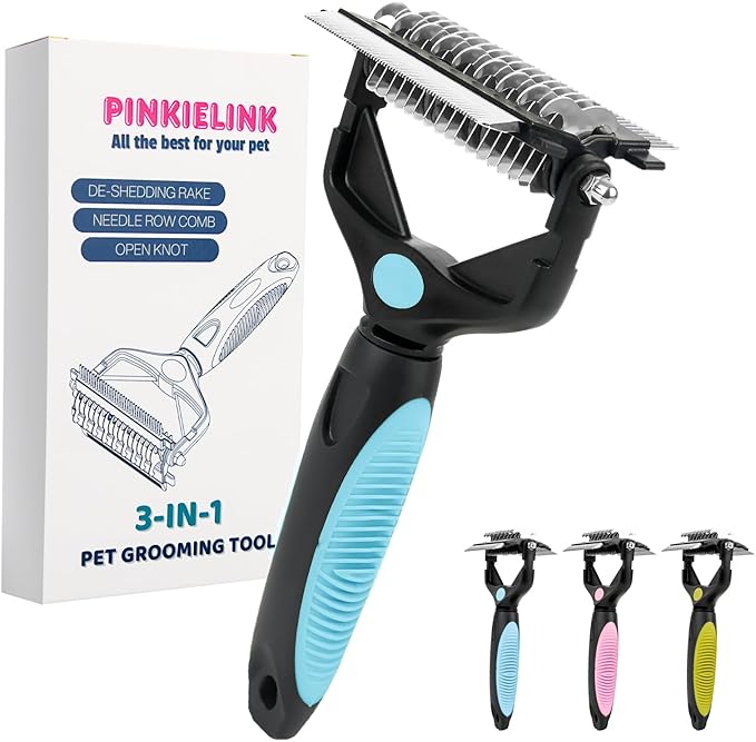 3-IN-1 Pet Grooming Tool - Undercoat Rake, Dematting Comb & Deshedding Brush for Cats & Dogs - Removes Mats, Tangles & Loose Fur, Reduces Shedding & Prevents Hair Mess (Blue)