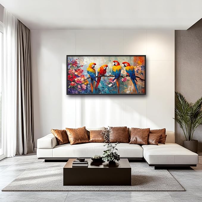 Extra Large Framed Parrot Bird Wall Art,Oversized Abstract Colorful Parrots Flower Wall Decor Pictures for Living Room,Canvas Print Painting Modern Artwork Bedroom Office Bathroom Home Decor 60L x30W