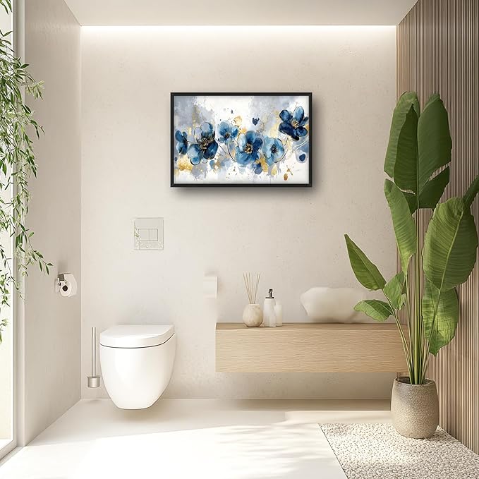 Extra Large Framed Abstract Blue Flower Wall Art,Oversized Golden Grey Floral Wall Decor Pictures for Living Room,Canvas Print Painting Modern Artwork Bedroom Office Bathroom Home Decor 36L" x 24W"